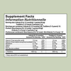 Supplement facts label for infants and toddlers on a light green background