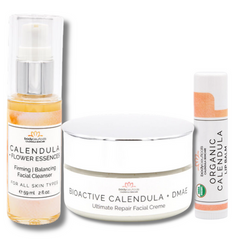 A grouped image of the Bodyceuticals Facial Bundle products, including the Calendula Face Eczema Cream, Organic Calendula Eczema Face Wash, and Eczema Lip Balm.