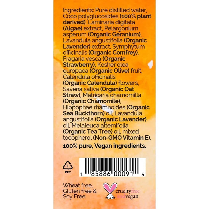 Side of cleanser box with full list of ingredients, barcode and cruelty free vegan logo.