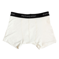 White Remedywear boxer without a model, laying flat.