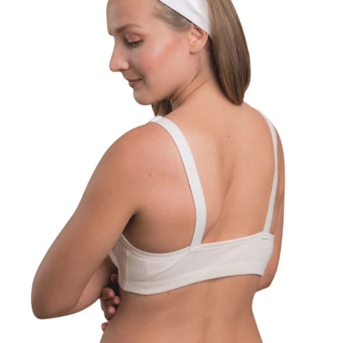 Front Closure Bra in white cotton, back view