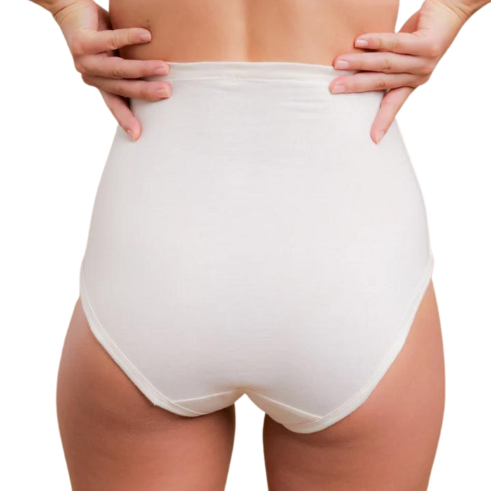 Drawstring elastic free panties in a high waisted style in white on a model from the rear..