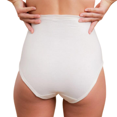 Drawstring elastic free panties in a high waisted style in white on a model from the rear..