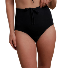 Drawstring elastic free panties in a high waisted style in black on a model.