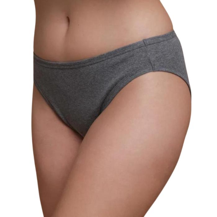 100% Organic cotton women's latex free panties in a high cut style in grey on a model.