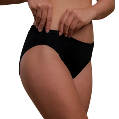 100% Organic cotton women's latex free panties in a high cut style in black on a model.