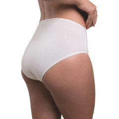 Organic cotton latex free panties in a waist brief style in white on a model from behind.