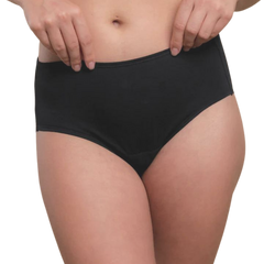 Organic cotton latex free panties in a waist brief style in black on a model.