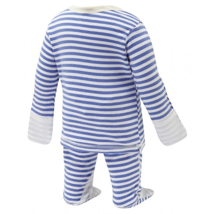 Scratchsleeves baby eczema pajamas  for sensitive skin in blue and white stripes. View from behind on a form, but not a model.