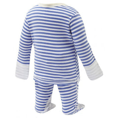 Scratchsleeves baby eczema pajamas  for sensitive skin in blue and white stripes. View from behind on a form, but not a model.