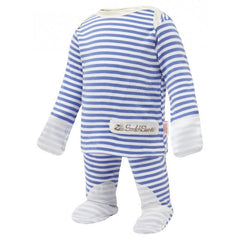 Scratchsleeves pajamas for baby's sensitive skin in blue and white stripes. View from the front on a form, but not a model.