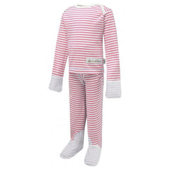 Scratchsleeves are eczema garments for babies and toddlers. Show in pink and white stripes. View from the front on a form, but not a model.