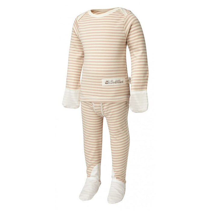 Scratchsleeves are eczema clothing to be worn at night to protect your baby from scratching. View beige adn white striped pj with the front on a form, but not a model.