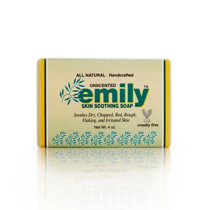 Bar of Emily skin soothing soap on a white background