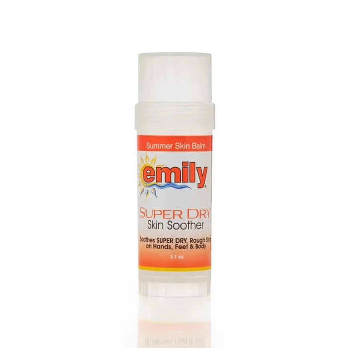 A 2 fl oz stick container of emily Summer Skin Balm, Super Dry Skin Soother, featuring a white cap and a white label with orange and red text and graphics, set against a plain white background with a soft reflection.