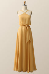 Halter Straps Yellow Chiffon Long Bridesmaid Dress