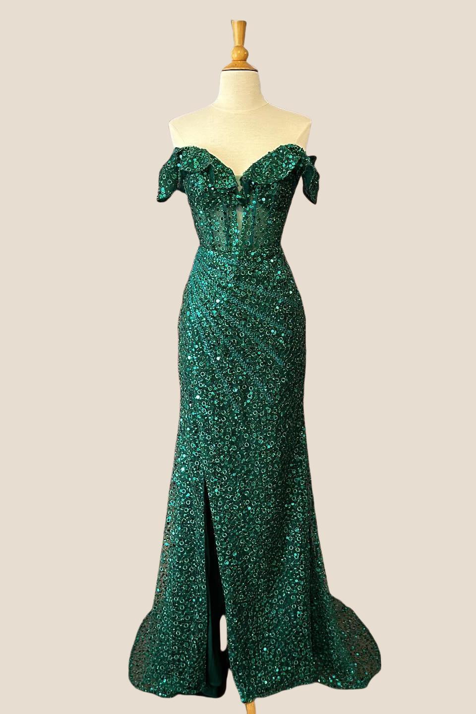 Off the Shoulder Emerald Sequin Long Dress