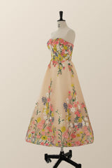 Strapless Champagne Floral A-line Tea Length Dress