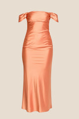 Off the Shoulder Coral Soft Satin Long Dress