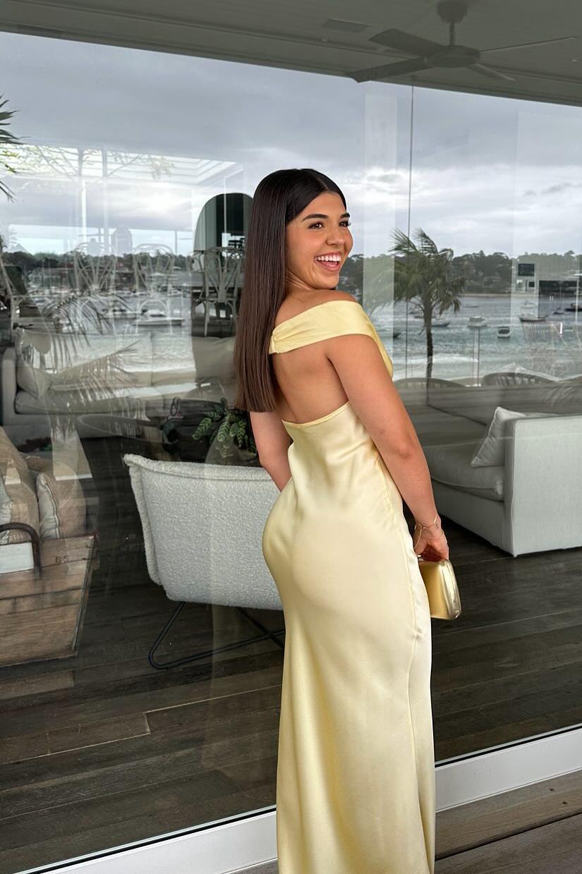 Off the Shoulder Aqua Soft Satin Fitted Dress