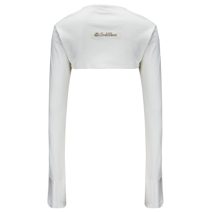 Back view of adult scratch sleeves with anti scratch mitt in shape of model, without model. Color is white. Logo if visible across back.