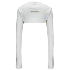 Back view of adult scratch sleeves with anti scratch mitt in shape of model, without model. Color is white. Logo if visible across back.