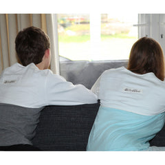 The back of two teenagers wearing scratch sleeves.